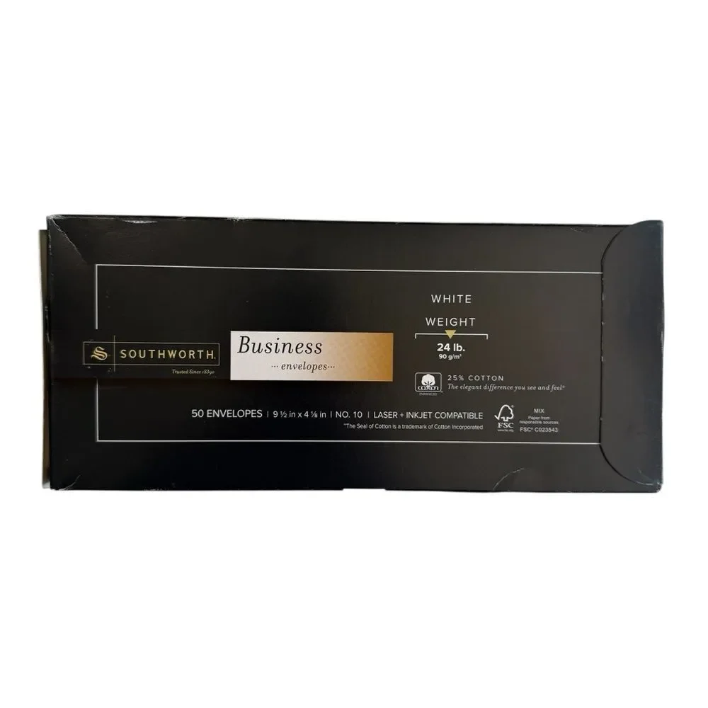 Southworth Business Envelopes White 24 lb 25% Cotton 50 Count Sealed Box New